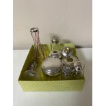A box of eight silver topped dressing table items and bottles, two silver rimmed vases.