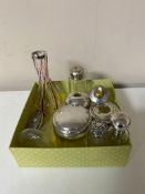 A box of eight silver topped dressing table items and bottles, two silver rimmed vases.