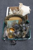 A box and basket of brass wall plaque, six glass light fittings,