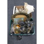 A box and basket of brass wall plaque, six glass light fittings,