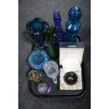 A tray of assorted glass ware, boxed Caithness Alien paperweight, limited edition 709/2000,