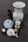 A tray of assorted Japanese vases, lidded pumpkin bowl,