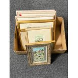 A box of assorted framed pictures and prints,