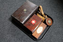 A tray of Victorian work box, vintage first aid case, wine thermometer in case,