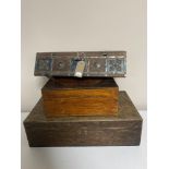 An eastern hardwood metal bound table box and two Victorian boxes.