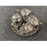 A four piece stainless steel Olde Ball tea service on tray