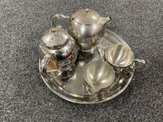 A four piece stainless steel Olde Ball tea service on tray