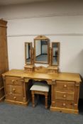 A good quality pine dressing table with stool and dressing mirror,