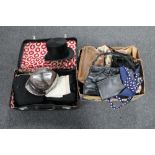 A box and case containing theatre costumes, lady's leather bags, top hat,