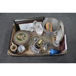 A box of miscellany to include aluminium champagne bucket, vintage tin, glass decanter, beer stein,