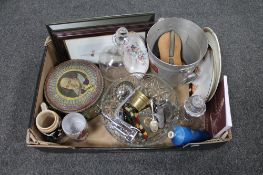 A box of miscellany to include aluminium champagne bucket, vintage tin, glass decanter, beer stein,