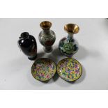 Three cloisonne vases together with two cloisonne shallow dishes