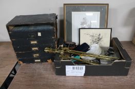 A 20th century five drawer desk top chest and a box of pictures, companion pieces, metal cash box,