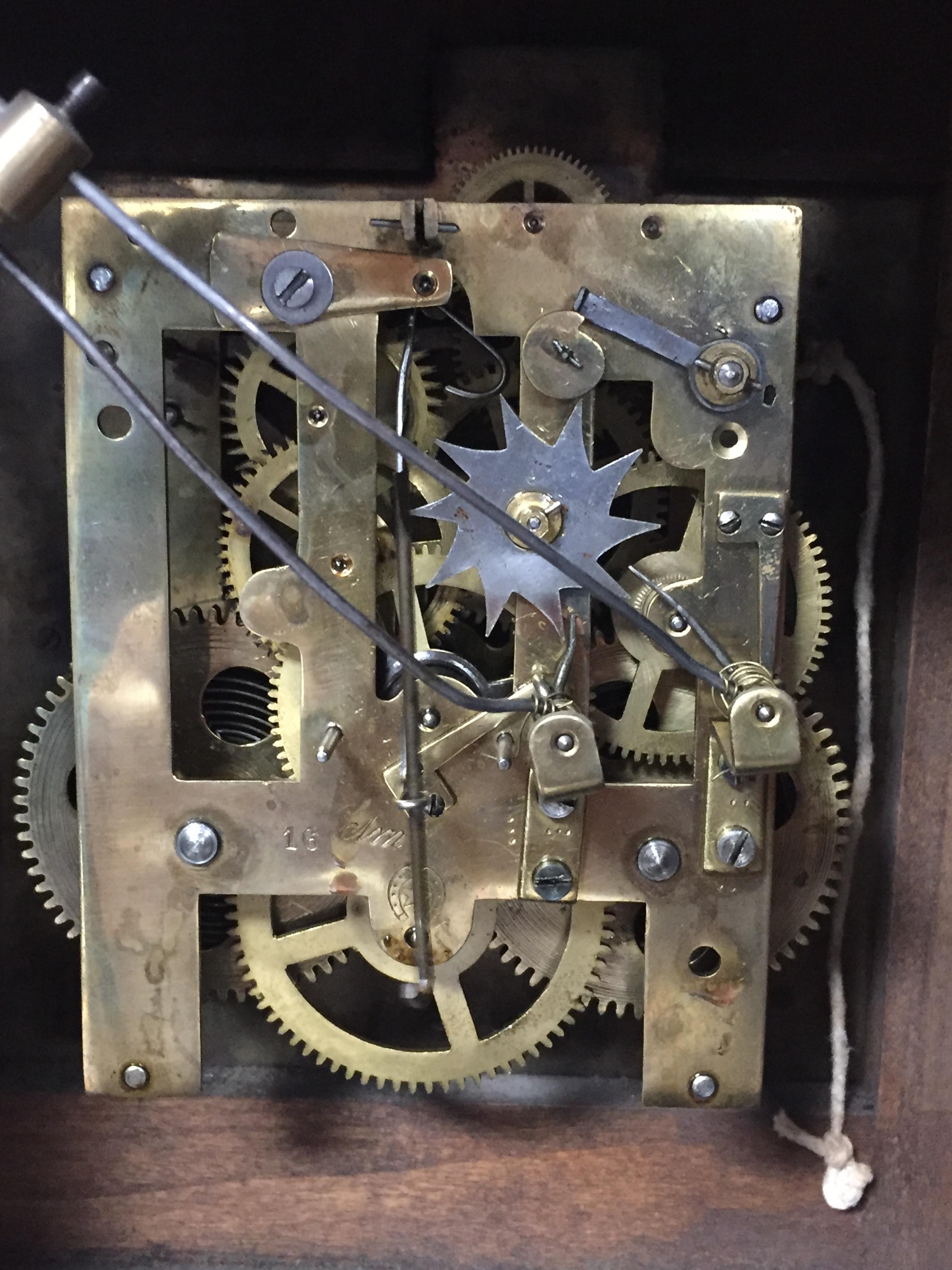 An antique pine cased bracket clock with brass and silvered dial with pendulum - Image 2 of 3