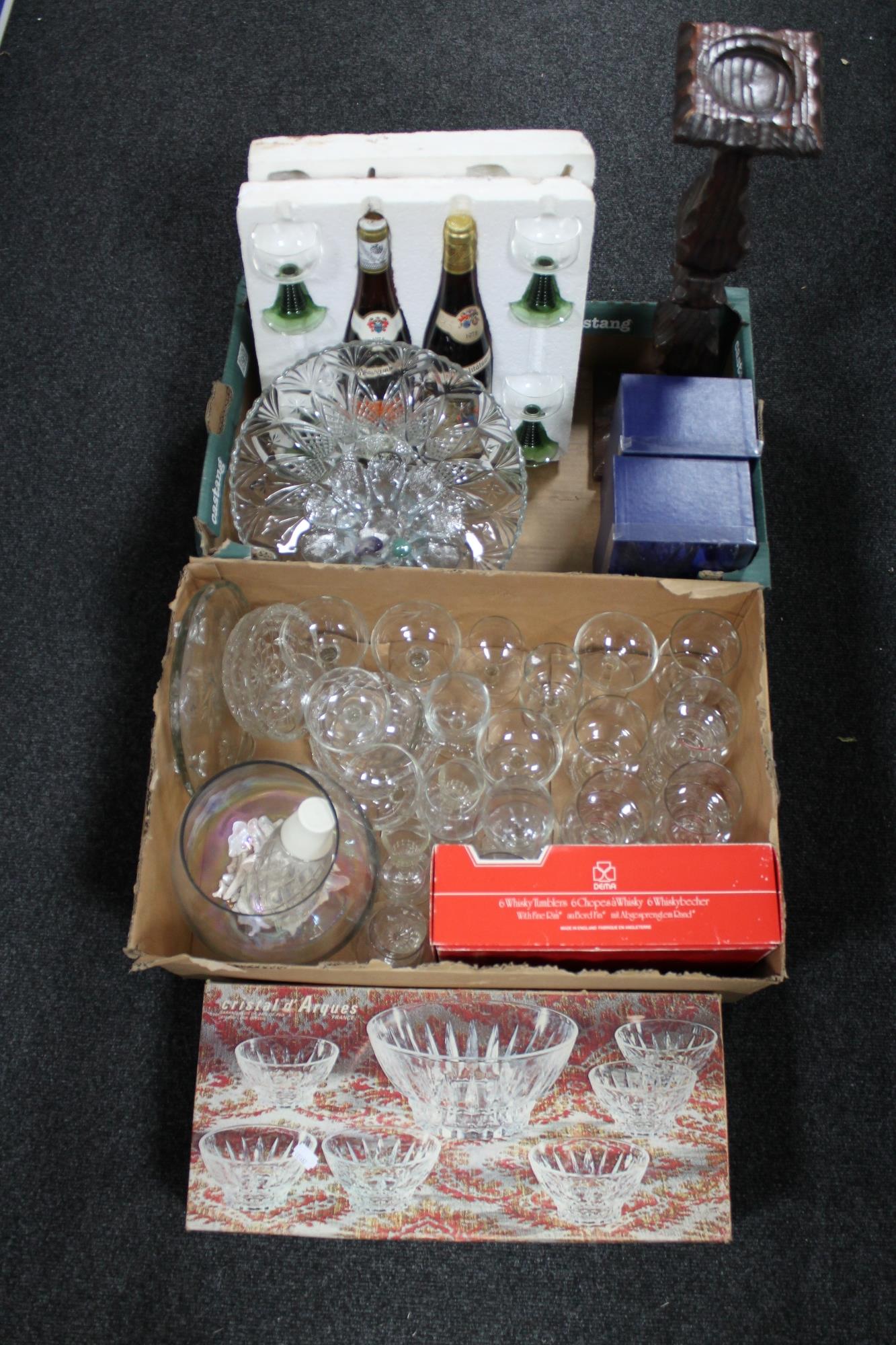 Two boxes of drinking glasses, two bottles of wine, two-tone wine glasses,