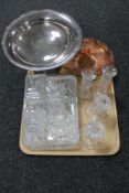 A tray of pressed glass trinket set, carnival glass dish,