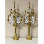 A pair of ornate brass and glass five branch table lamps, height 89cm,