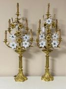 A pair of ornate brass and glass five branch table lamps, height 89cm,