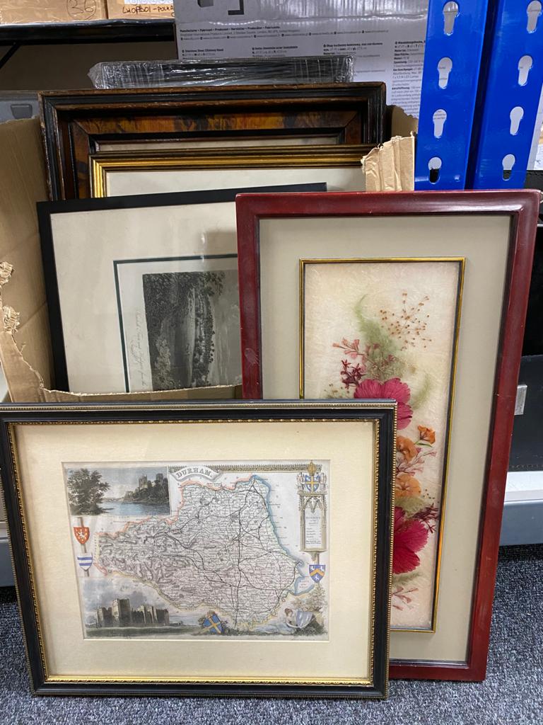 A box of framed pictures and prints, black and white and coloured engravings, framed map of Durham,