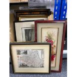 A box of framed pictures and prints, black and white and coloured engravings, framed map of Durham,