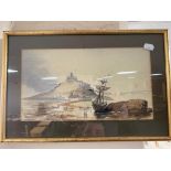 A gilt framed watercolour of a boat at low tide