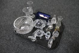 A tray of glass, Edinburgh miniature desk clock, paper weights, animal ornaments,