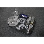 A tray of glass, Edinburgh miniature desk clock, paper weights, animal ornaments,