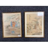 A pair of 19th century Chinese watercolours on silk depicting figures on a ship and a village scene,