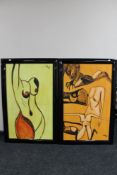 Sheila Benson : Two oil on canvas nude studies, 'Serpents' and 'Meat', each 112cm by 71cm,
