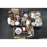 Four boxes containing miscellany to include tea china, plated ware, picture frames,