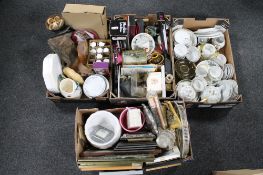 Four boxes containing miscellany to include tea china, plated ware, picture frames,