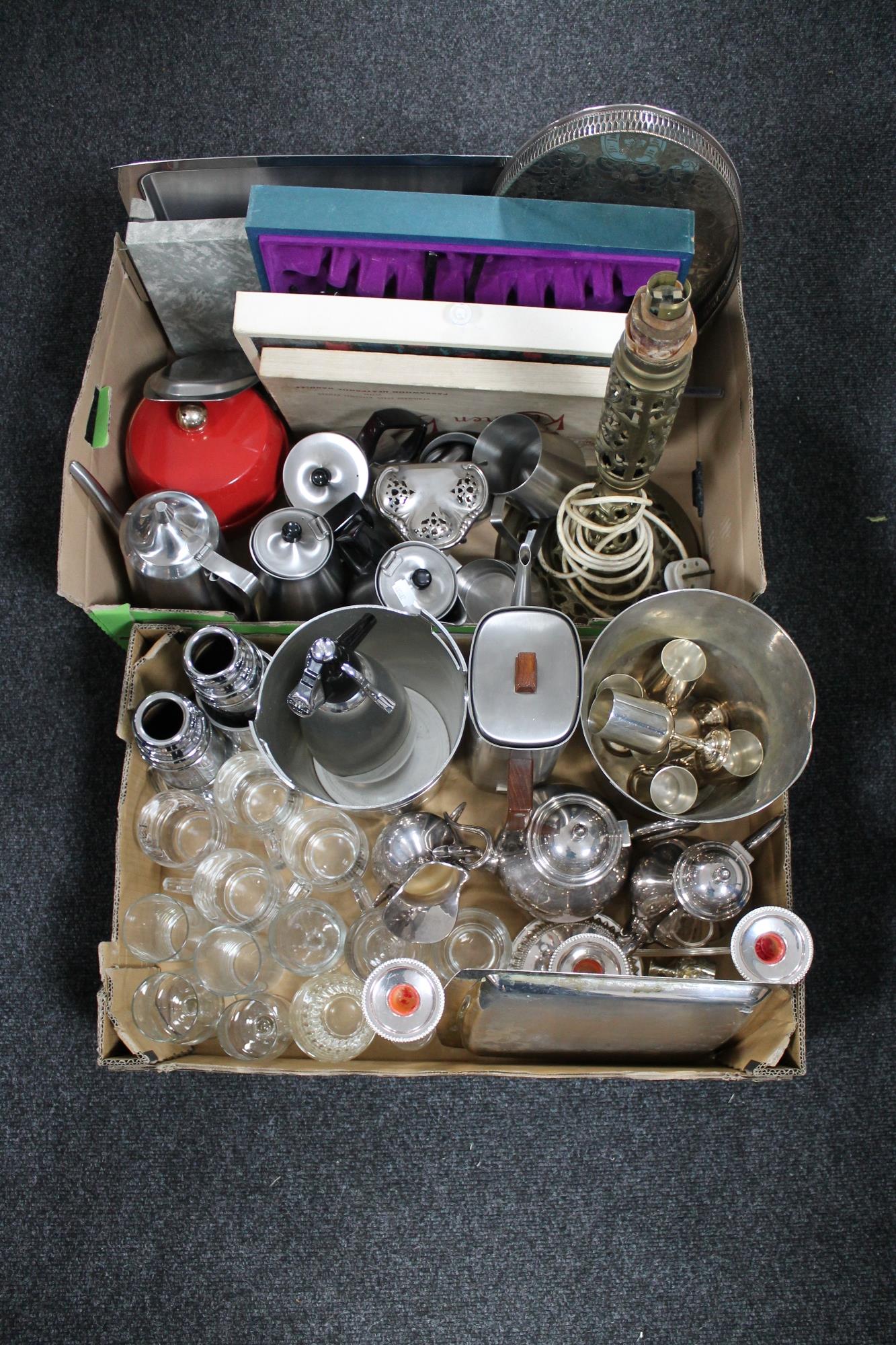 Two boxes of glass ware, stainless cutlery, tea services, plated champagne bucket,