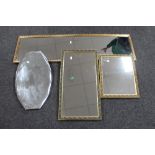 A 1930's frameless bevelled edge mirror together with a gilt framed hall mirror and two further