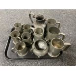 A tray of antique pewter ware - tankards, coffee pot,