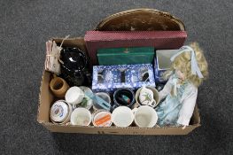 A box of cased cutlery, Victorian hand painted teapot, commemorative mugs,