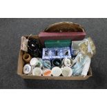 A box of cased cutlery, Victorian hand painted teapot, commemorative mugs,