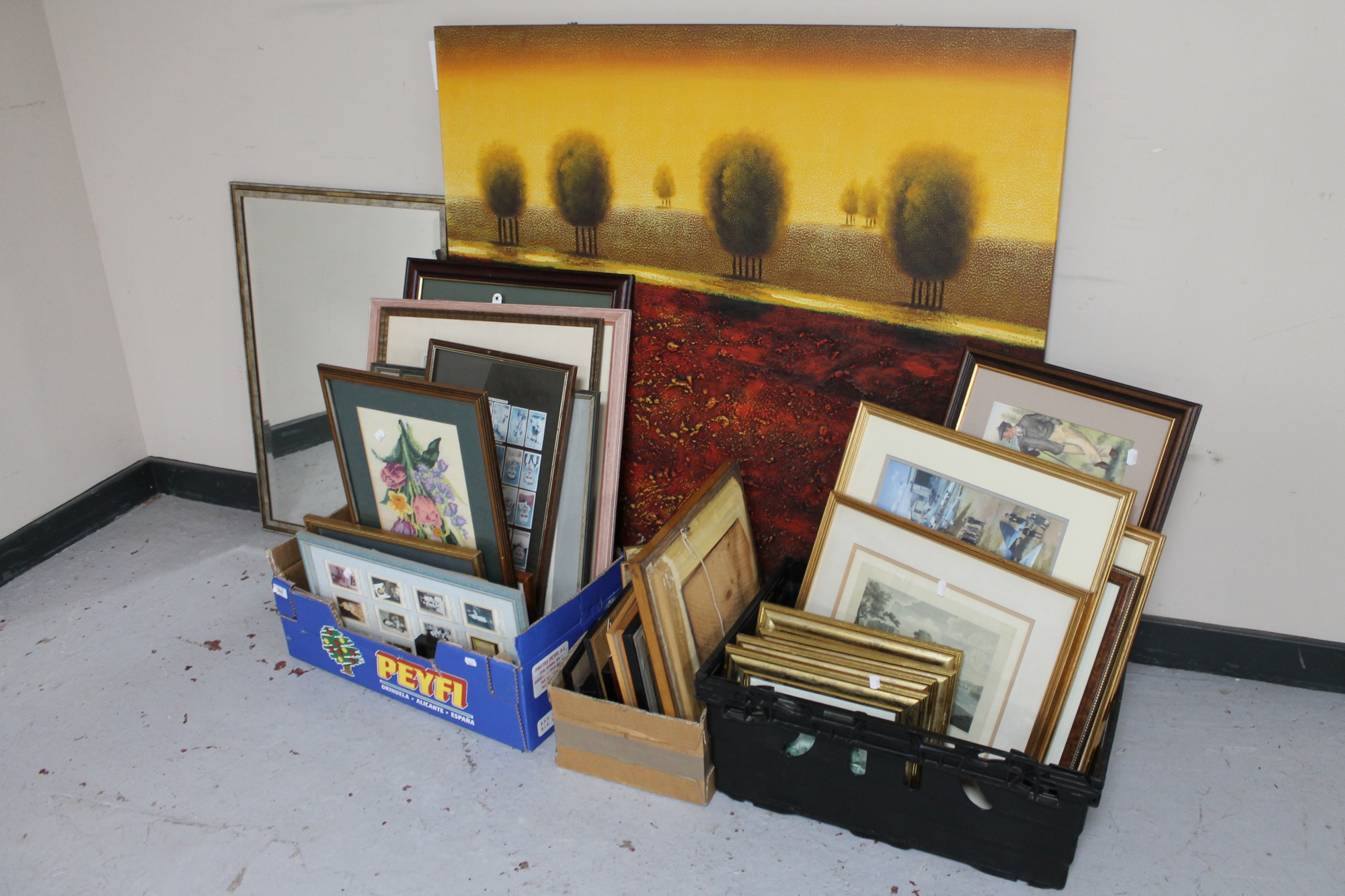 A large contemporary wall canvas together with three boxes of pictures and prints,