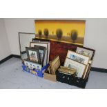 A large contemporary wall canvas together with three boxes of pictures and prints,