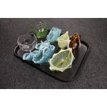 A tray of nine pieces of glass ware, basket and jug,