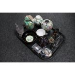 A tray of glass animal figures, paperweights, Oriental lidded jars,