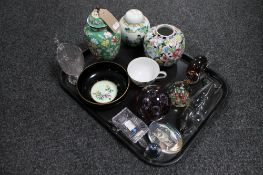 A tray of glass animal figures, paperweights, Oriental lidded jars,