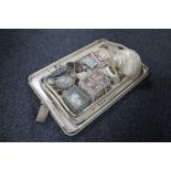 Three Oriental graduated trays together with a mother of pearl decorative shell, trinket boxes,