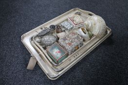 Three Oriental graduated trays together with a mother of pearl decorative shell, trinket boxes,