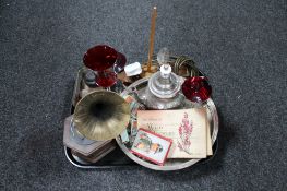 A tray of twentieth century wooden table lamp in the form of a yacht, vintage weights, plated tray,