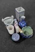 A tray of Oriental style vases, china basket,