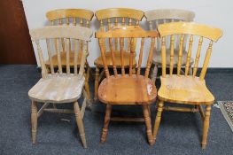 Six assorted pine dining chairs