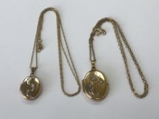 Two 9ct gold lockets on chains, 5.8g gross.