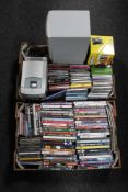Two boxes of assorted DVD's and CD's together with a Philips micro hifi system