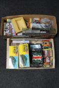 Two boxes of boxed and unboxed model railway buildings including Hornby,