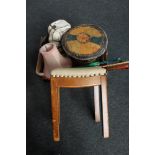 Three 20th century vinyl upholstered stools and box of walking stick, parasol,